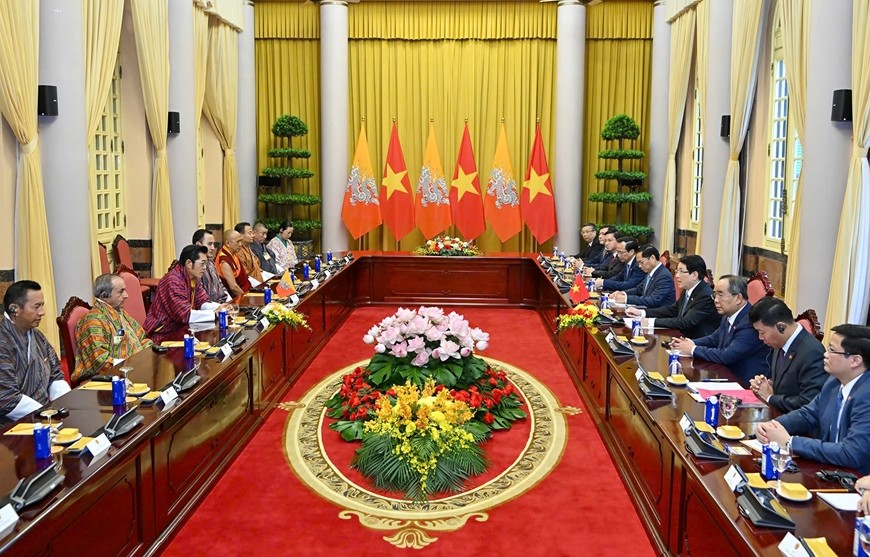 Toàn cảnh hội đàm giữa Chủ tịch nước Lương Cường và Quốc vương Bhutan Jigme Khesar Namgyel Wangchuck