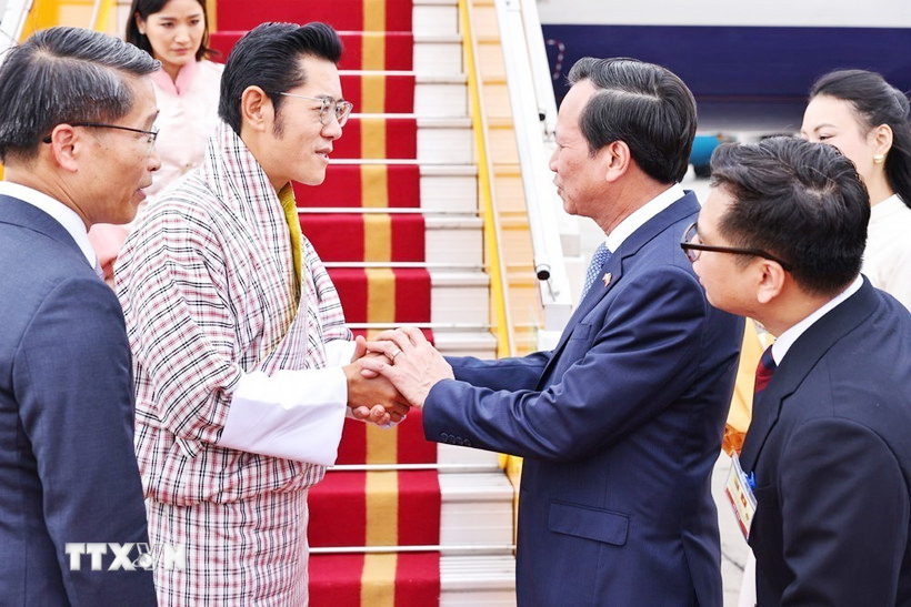 Bộ trưởng Dân tộc và Tôn giáo Đào Ngọc Dung đón Quốc vương Bhutan và Hoàng hậu tại Sân bay (Ảnh: TTXVN)